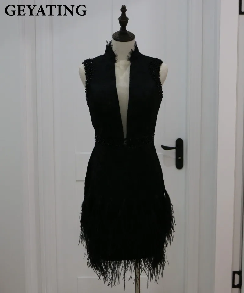 Винтажные черные кружевные короткие коктейльные платья, прозрачные вечерние платья до колен с v-образным вырезом - Цвет: Черный