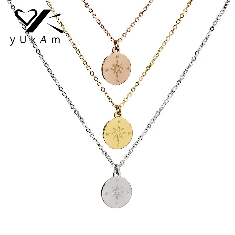 YUKAM عالية مصقول الفضة الذهب الفولاذ المقاوم للصدأ البوصلة دائرة سحر قلادة القلائد للنساء خمر السفر قلادة مجوهرات YUKAM عالية مصقول الفضة الذهب الفولاذ المقاوم للصدأ البوصلة دائرة سحر قلادة القلائد للنساء خمر السفر قلادة مجوهرات