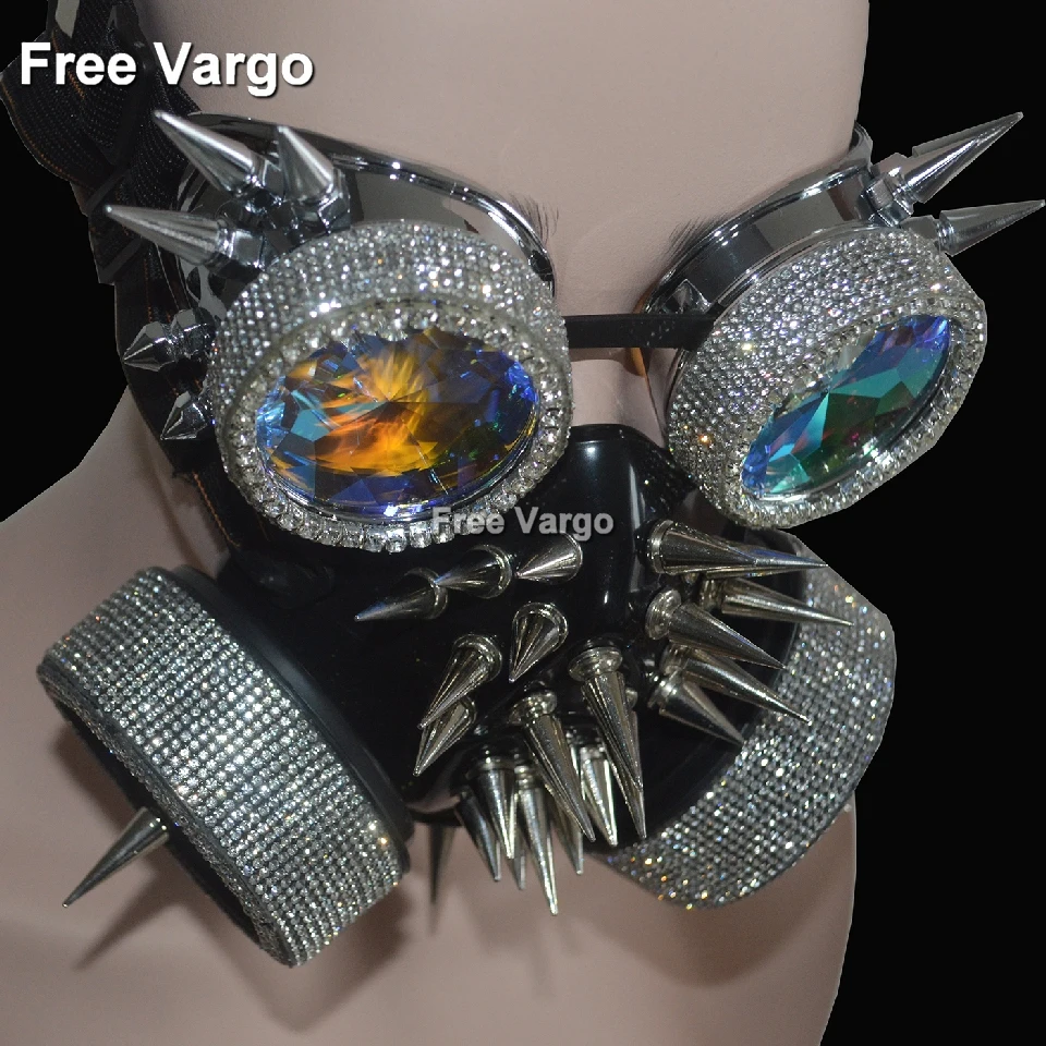  Holographic Rhinestone Rave Halloween Streampunk Burning Man Costumes Mask Spike Goggles Cosplay Festival Clothes Outfit Gear