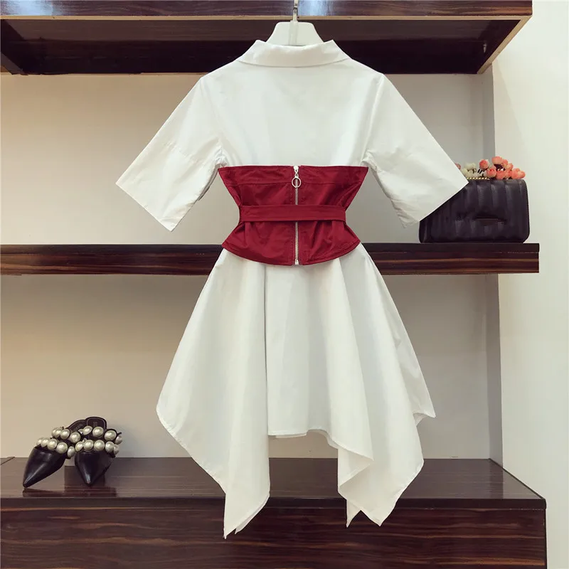 Red Corset Belt White Dress Summer Design Asymmetry OG0667