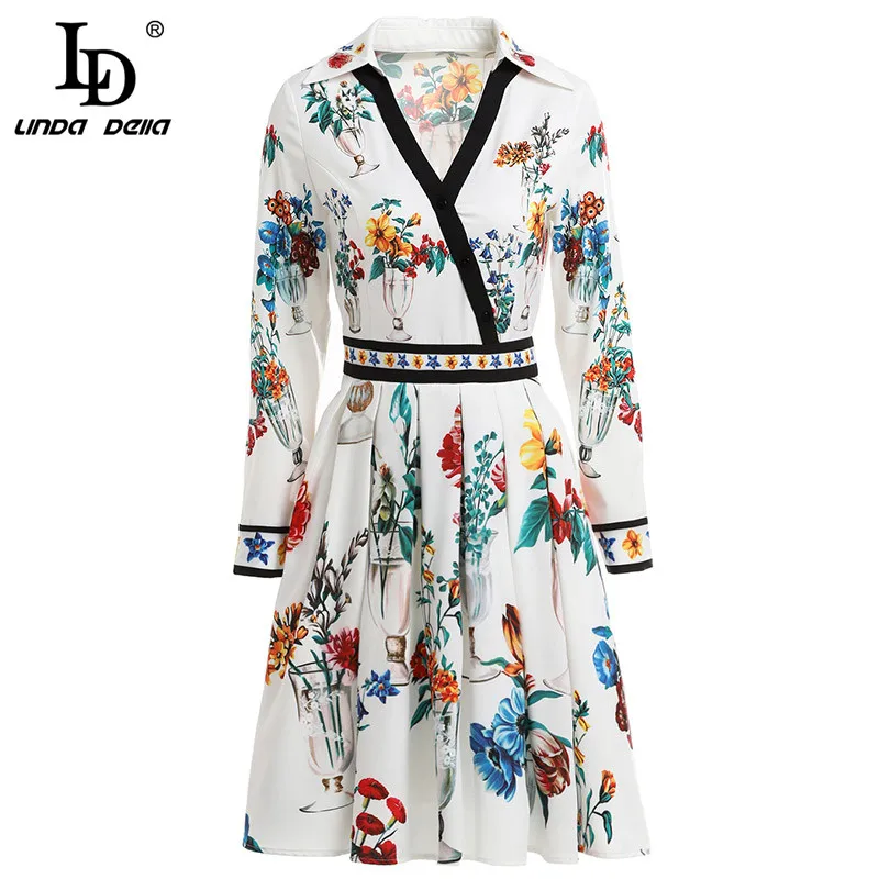 

LD LINDA DELLA 2019 New Spring Fashion Runway Dress Women's Long Sleeve V Neck Sexy Casual White Floral Print A Line Dress