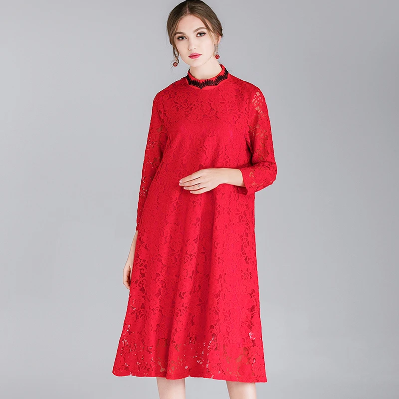 

2019 spring floral lace dresses plus size stand collar lady hollow lace women casual long lace dress black red color
