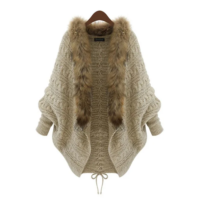 Women's Plus Size Knit Loose Sweater Cardigan with Faux Fur Trim 315in
