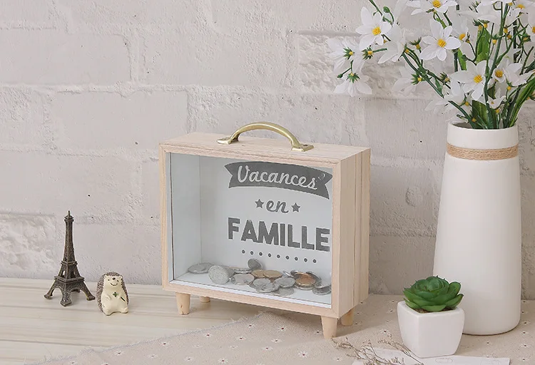 

1PC Nordic Europe Piggy Bank Transparent Debris Storage Box Living Room Decoration Children Gift Money Box Wood Craft JL 225