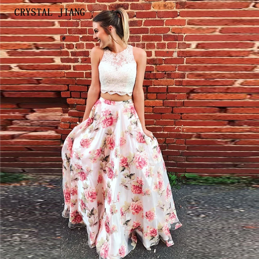 

Two Pieces Prom Dresses 2019 O-Neck Lace Applique Custom made Floral Printed A Ling Prom Long Party Gown