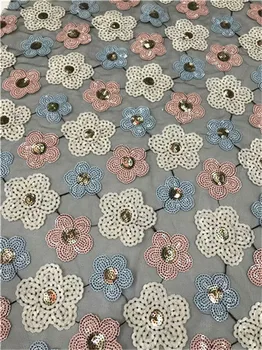 

French Net Lace Fabric 2019 Latest african guipure lace fabric with embroidery mesh tulle colorful Sequins lace fabrc Multicolor