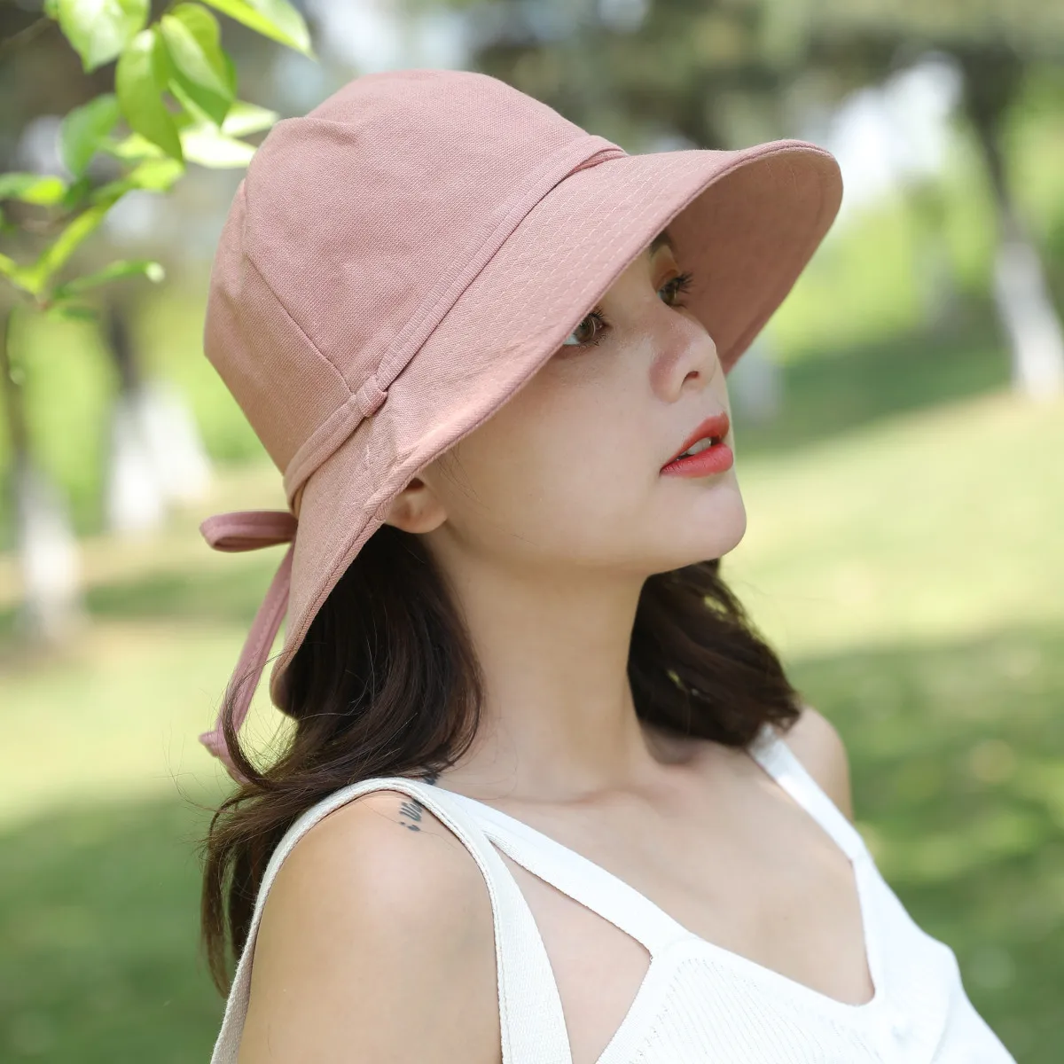 

Fashion sun protection visor ladies spring and summer autumn cotton linen hat solid color bow basin cap folding fisherman hat