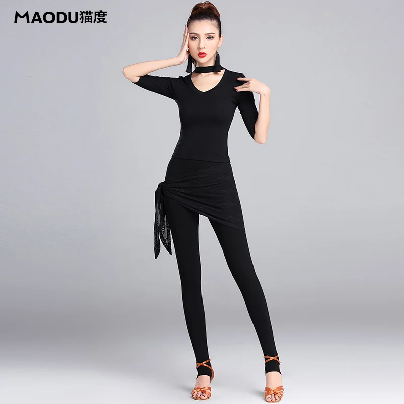 

New Black Half sleeve V-neck sexy Modal Latin Dance 2pcs set for women/female, Ballroom Modern Costume performance wear MD7162