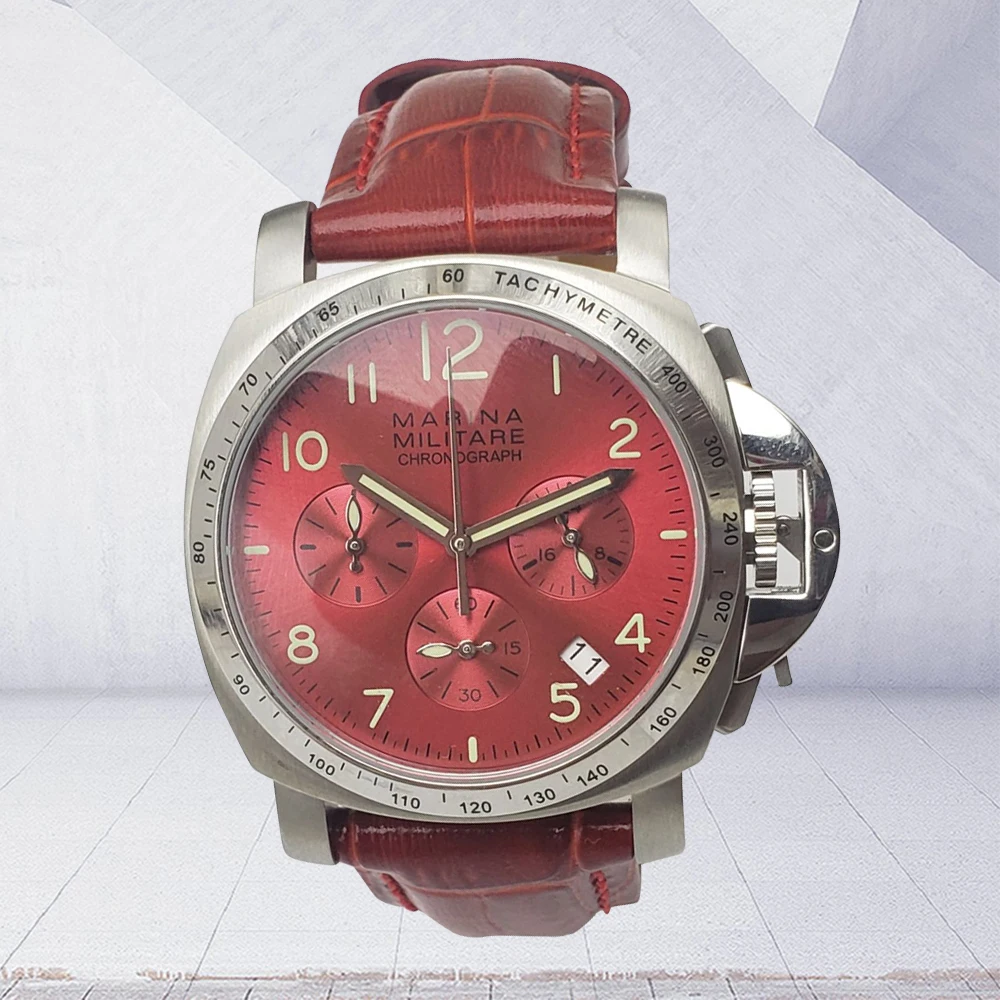 

Men's watch chronograph quartz movement VK63 40mm stainless steel case Red dial light pointer high quality leather strap S2