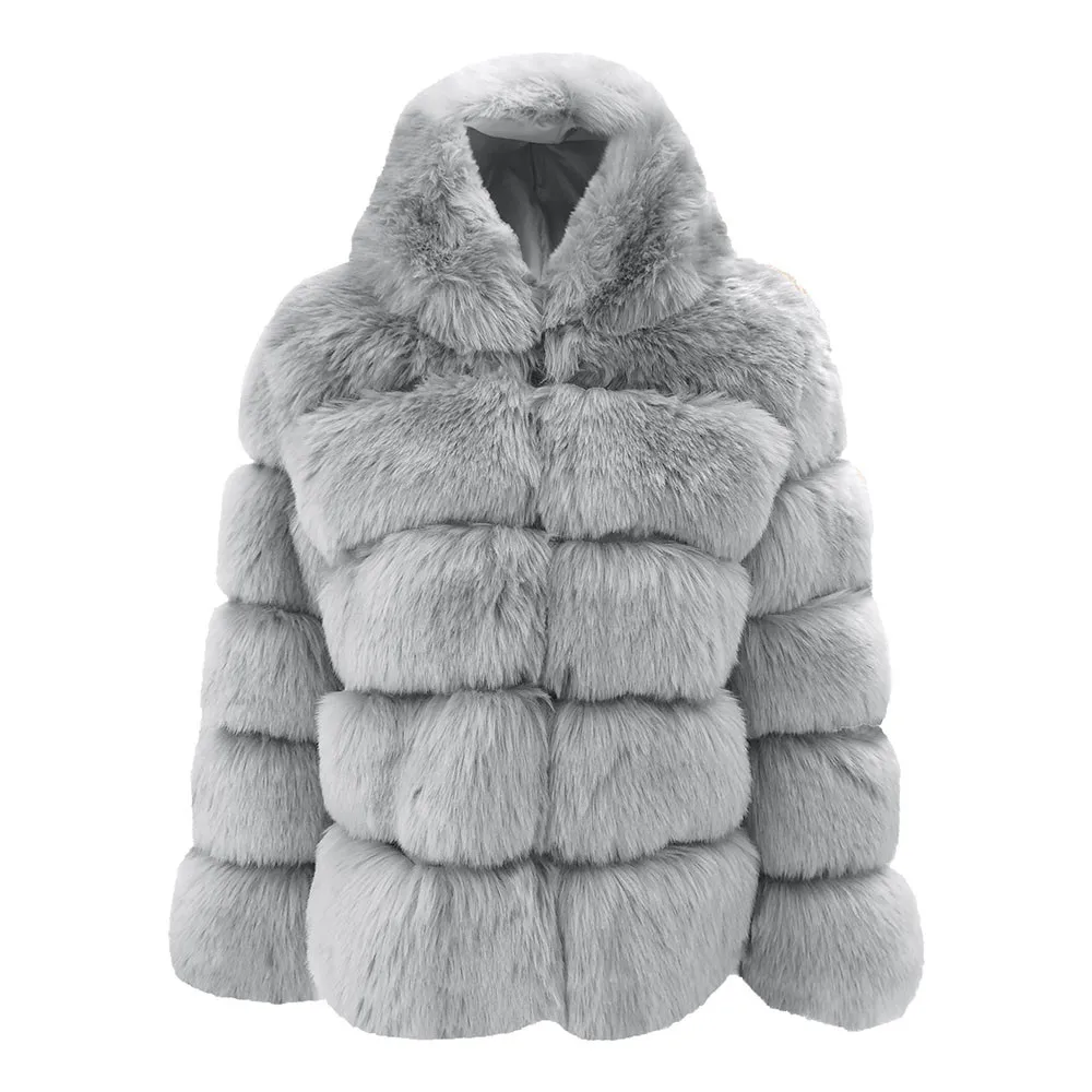 Feitong зимнее теплое Женское пальто из искусственного меха с капюшоном куртка из искусственного меха элегантная плотная Куртка Верхняя одежда куртка manteau femme hiver - Цвет: Серый