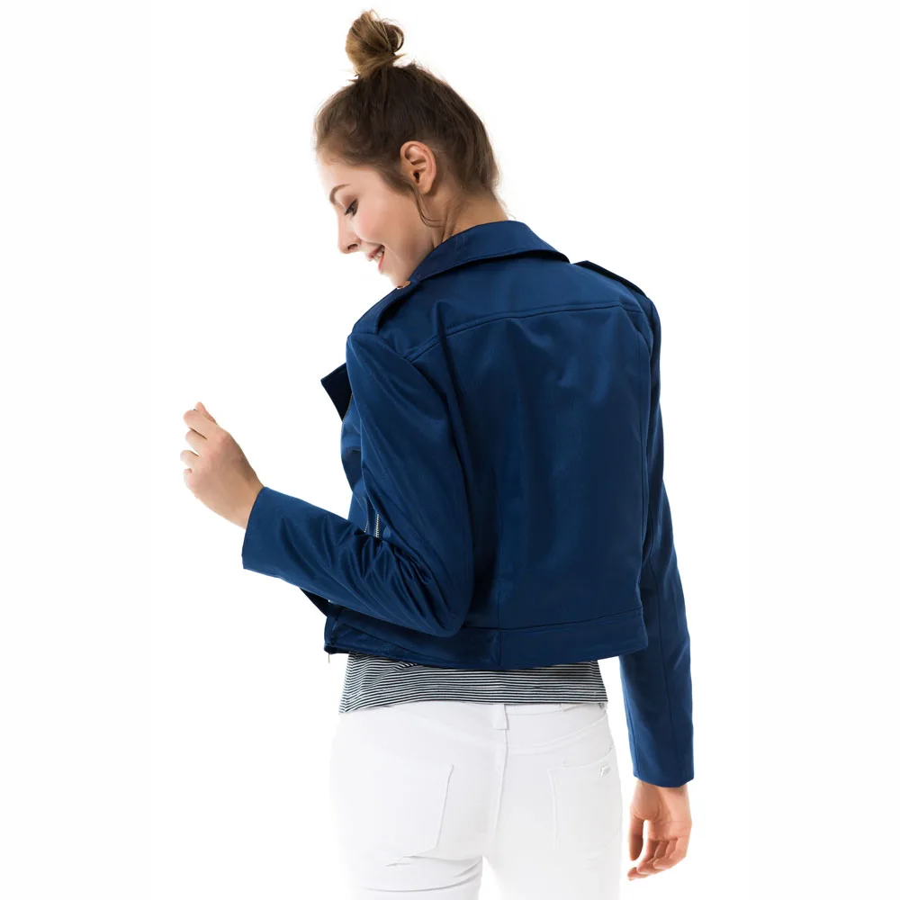 Apperloth Синяя Женская короткая куртка пальто с отложным воротником уличная мода на молнии уличное пальто для девочек Повседневная Осенняя