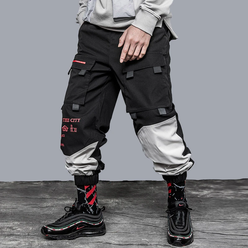 US Size Cargo Pants Men Pocket Loose Trousers Letter Embroidery Hip Hop Harem Male Joggers Streetwear Ribbon Skateboard GY18