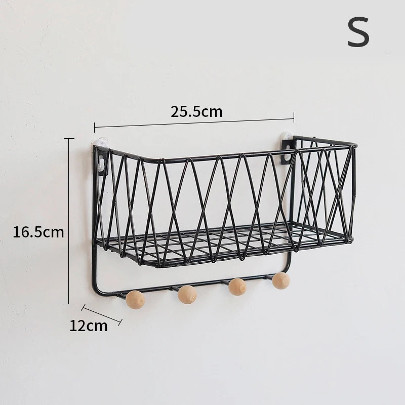 Настенная декоративная стойка для хранения с крюком, комбинированная подвесная корзина из кованого железа, многофункциональный крючок, полка для спальни, Домашний Органайзер - Цвет: Black small