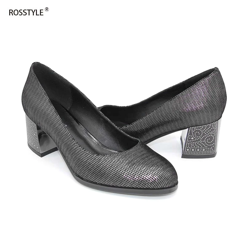 

Rosstyle High Heels Pumps Sheepskin Handmade Stylish Dazzle Black Genuine Leather Female Ladies Pump Plus Size Slip-On Round C6