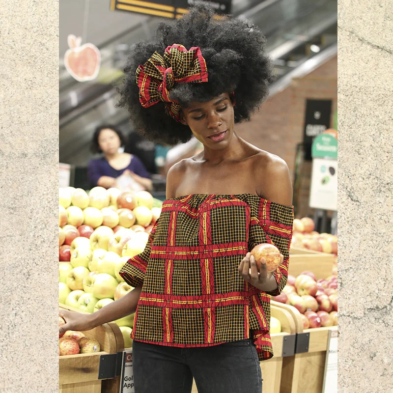 Shenbolen Африканский с открытыми плечами воск ткань Анкара Топ принтом 2018 Рубашка короткими рукавами Повседневная Блузка матч цвет Headwrap