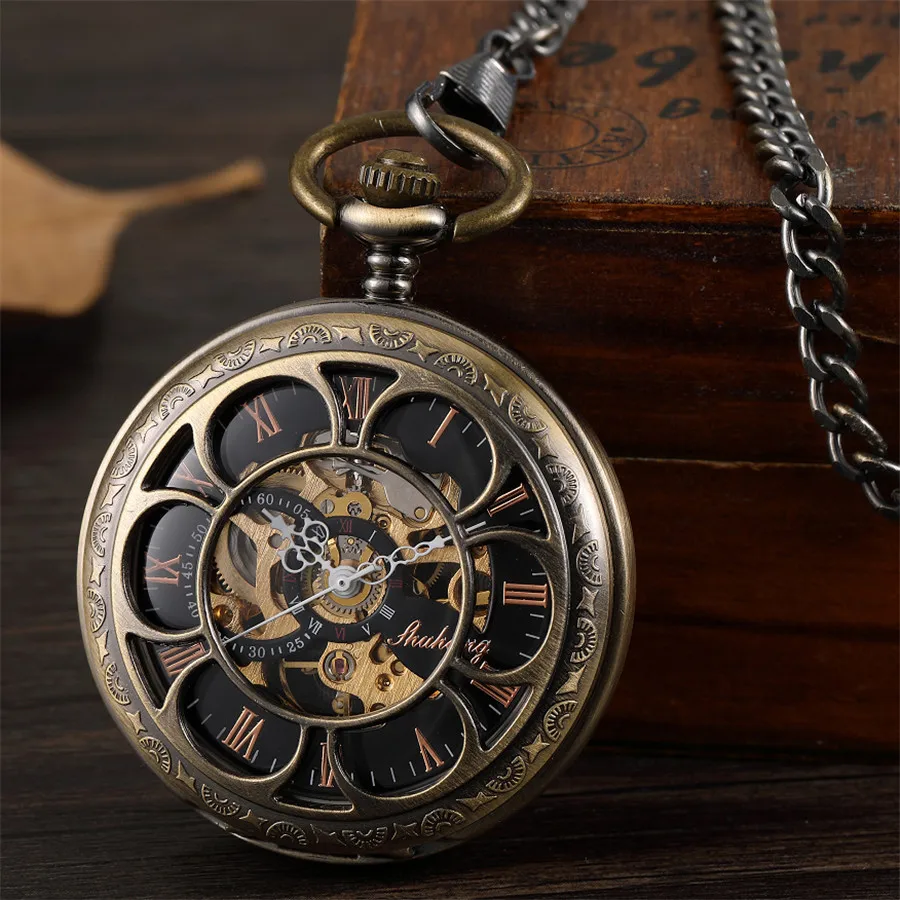 

Retro Bronze Hollow Setampunk Mechanical Pocket Watches Vintage Double-sided Hollow-carved Design Roman Dial Mens Pocket Watch