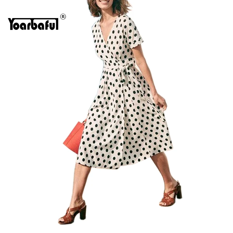 

Boho Vacation Polka Dot Printing Beach Dress Sexy Split Deep V Neck Summer Sundress Women Lace-up Waist Wrapped Smocks Holiday