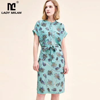 

100% Natural Silk Women's Runway Dresses O Neck Short Sleeves Printed Sash Belt Elegant Casual Summer Dresses
