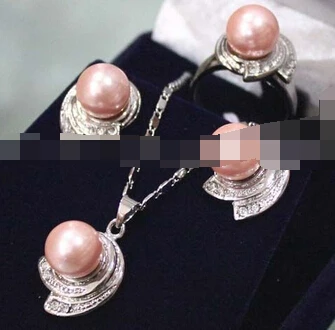 

Jewelry 001073 10MM Pink South sea Shell Pearl Earrings Ring & Necklace Pendant Set