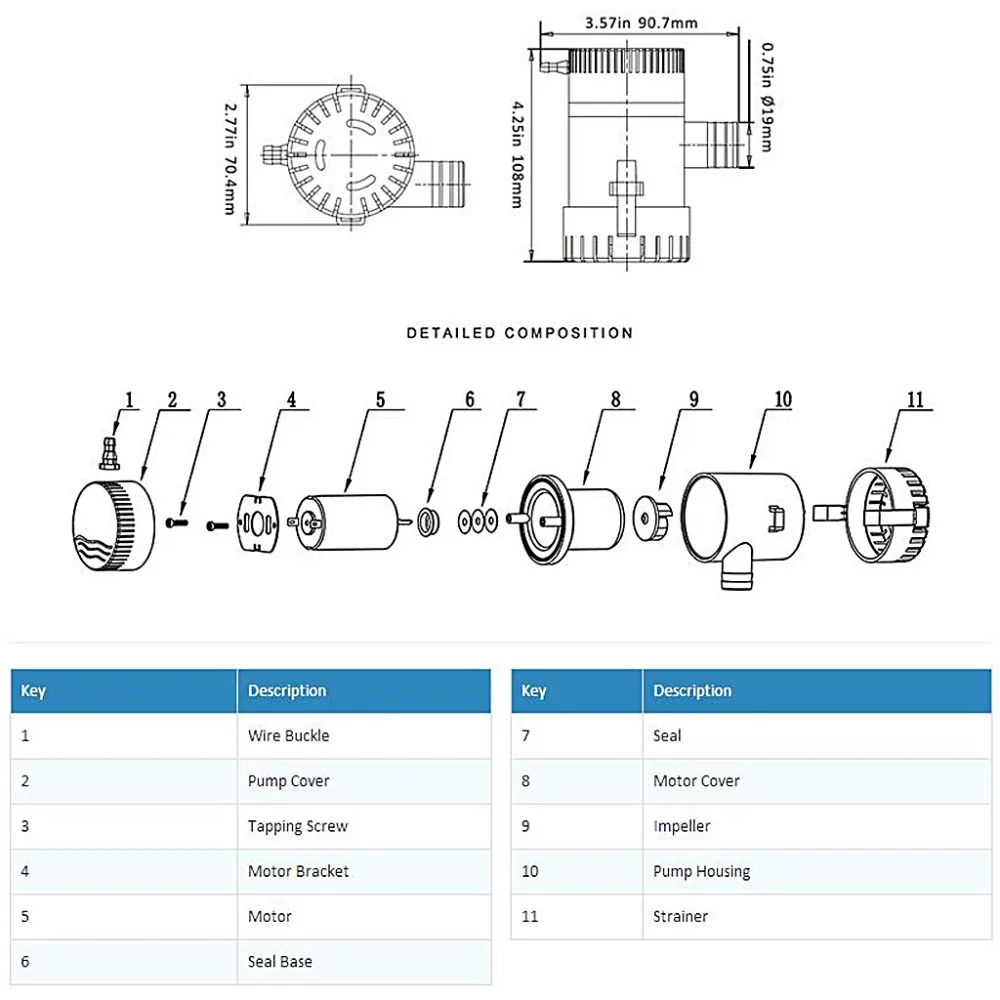 500GPH 12V Non-automatic Marine Electric Submersible Bilge Pump Pumps Parts Accessories