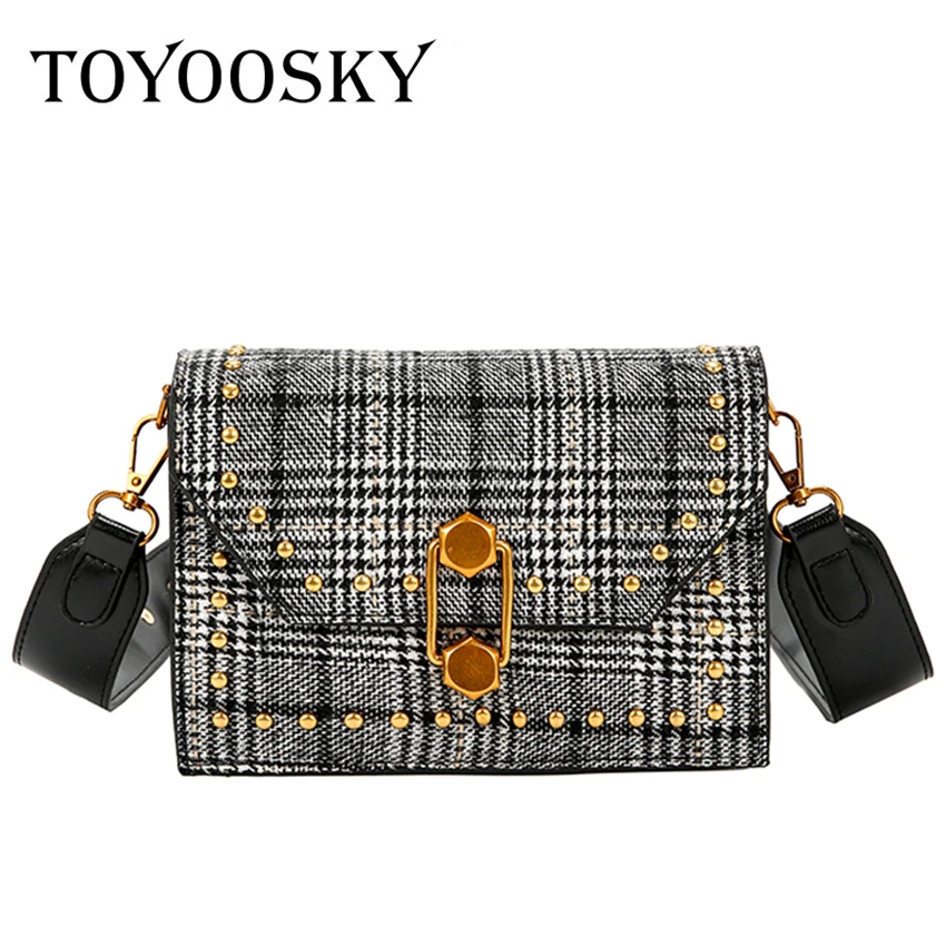 

TOYOOSKY 2018 Fashion Women Wool Plaid Crossbody Bag Vintage Rivet Flap Bags Female Casual Messenger Shoulder Bags Bolsos