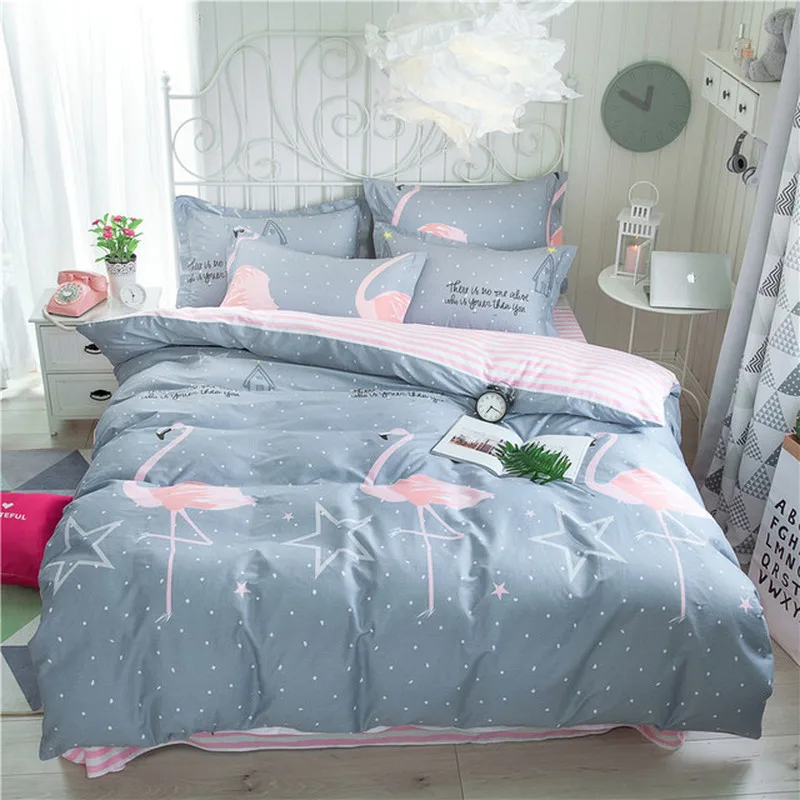 

100% Cotton Home Textile Flamingo Stripe Brief Bedding Set Boy Kid Girls Adult Linen Soft Duvet Cover Pillowcase Bed Sheet Queen