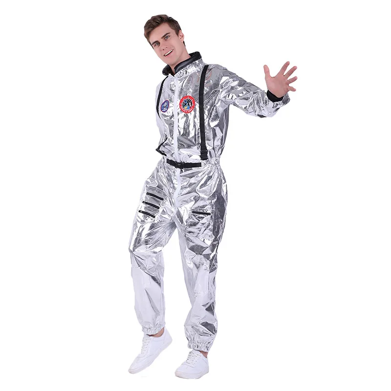 

Space Suit For Men Adult Plus Size Astronaut Costume Silver Pilot Costumes 2019 New Arrival Halloween Costume One Piece Jumpsuit