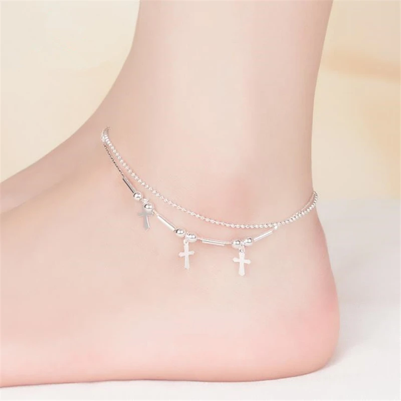 KOFSAC 2018 Hot Sale Fashion Round Beads 925 Sterling Silver Ankle Chain Charm Cross Anklets For Women Jewelry Girl Best Gifts KOFSAC 2018 Hot Sale Fashion Round Beads 925 Sterling Silver Ankle Chain Charm Cross Anklets For Women Jewelry Girl Best Gifts