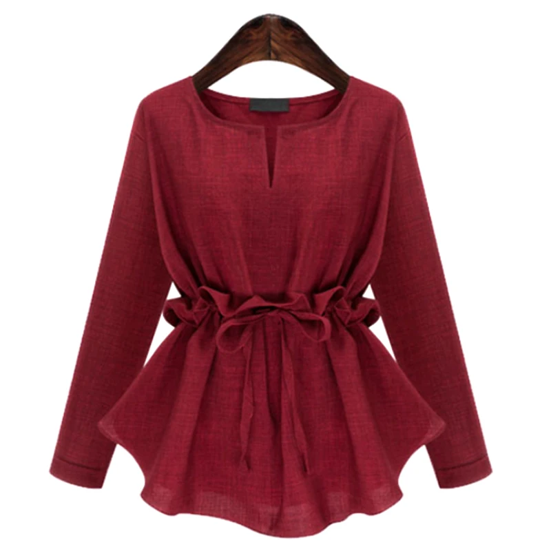 

Fashion Autumn Spring Women Blouses Women Shirts Vestido Slim Long Sleeve Collect Waist Solid Linen Shirt Plus Size