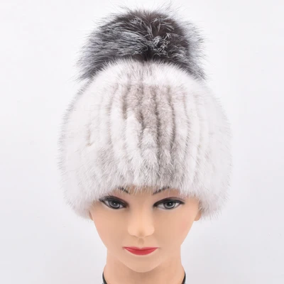 Натуральный мех Шапка-бини для Для женщин зима роскошный мех лисы Top Hat шапочки Утолщаются Вязание Кепки - Цвет: Cross mink