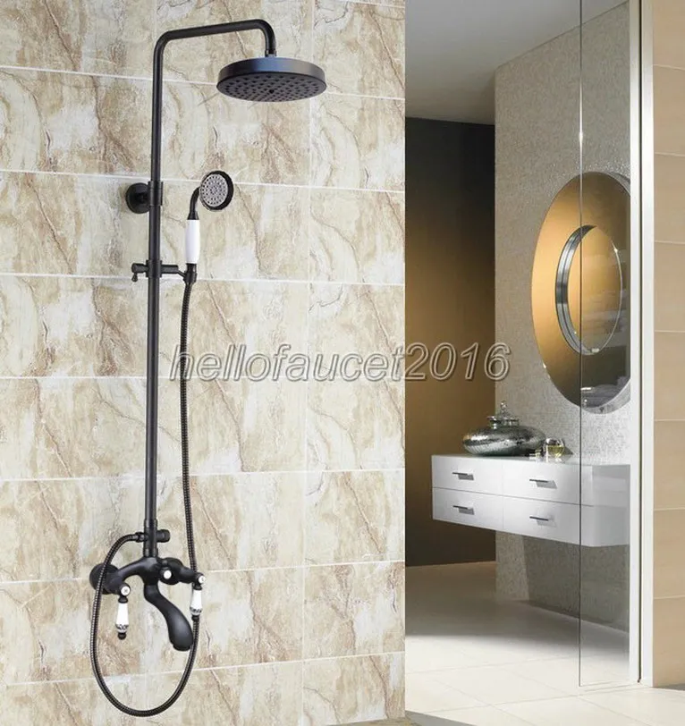 

Wall Mount Bathroom Shower Faucet w/ Hand Shower Black Oil Rubbed Bronze 8" Rain Shower Mixer Tap Tub Faucet Dual Handles Lhg138