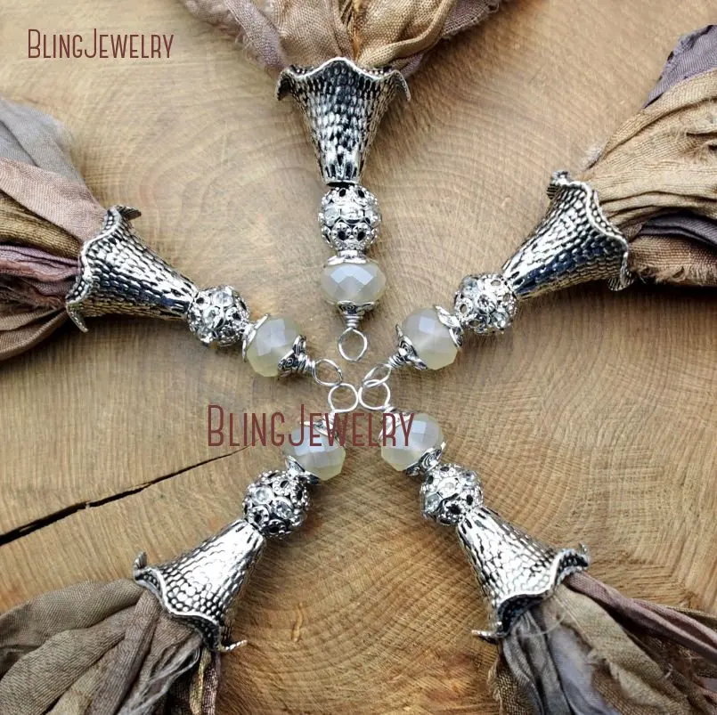 20171213-PM9121- Fallen Leaf Sari Silk Tassel Pendant Antique Silver