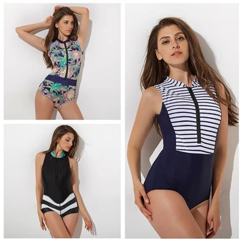 

Bathers One Piece Swimsuit Swimwear Women 2019 Zipper Monokini Sleeveless Surfing Bathing Suit May Female Beach Swimming Suit XL
