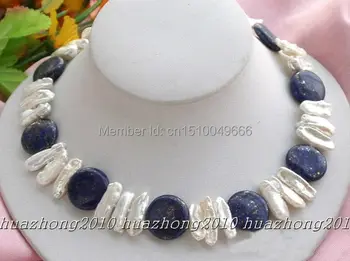 

FREE SHIP>>17.5" 12mm nature coin lapis white biwa pearl necklace