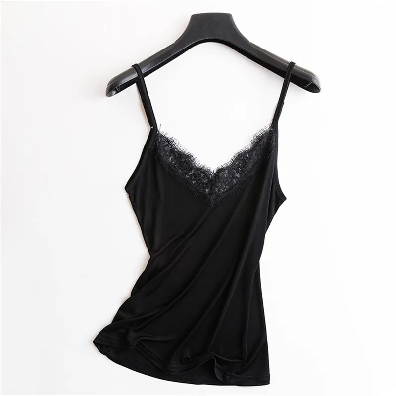 

2018 Solid Spaghetti V-neck Casual Camis New Summer Natural Silk Tanks Lace Bottoming Women Shirt