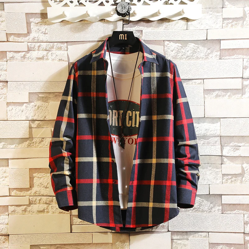 

men shirt long sleeve social casual shirts fashion button cotton polyester viscose plaid shirts 7 color selected size M to 3xl