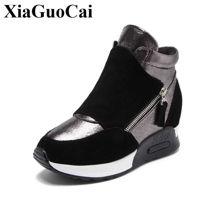 

Genuine Leather Shoes Women Flat Platform Sneakers Thicken Fur Warm Design Student Style Height Increasing Flat Cotton Footwear