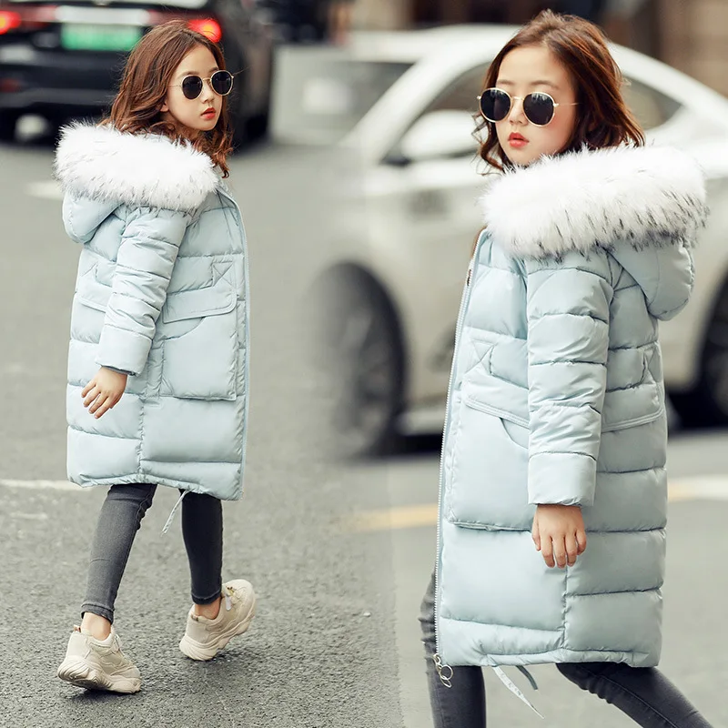 Зимние куртки для девочек, детские модные теплые пальто с меховым воротником, утепленное теплое пальто с капюшоном для девочек, детская одежда
