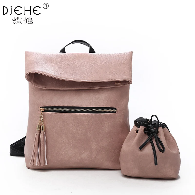 

2 PCS/SET Vintage Backpack Women PU Leather Backpacks with Shoulder Bag Fashion School Bags for Teenagers Black Female Mochila