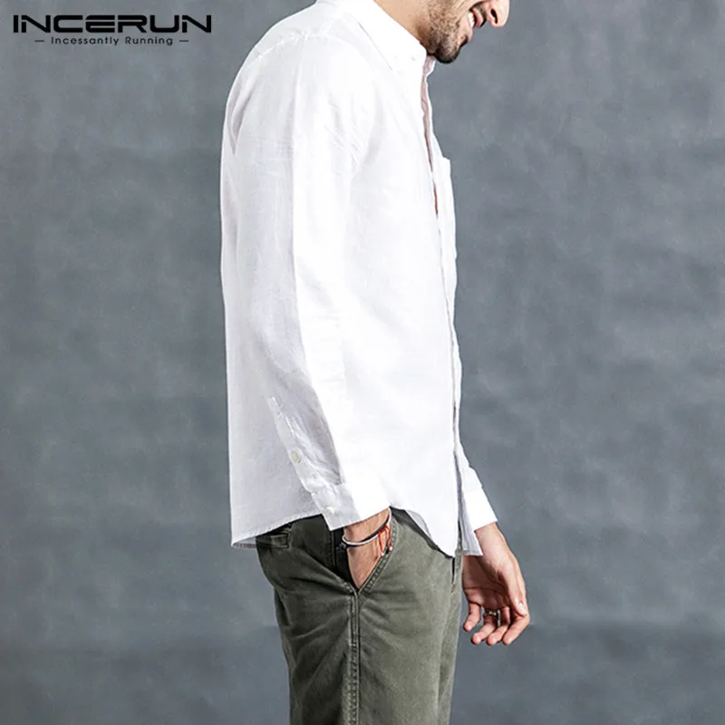 INCERUN 2019 Стильная мужская рубашка с отворотом шеи сплошной цвет уличная одежда с длинным рукавом хлопок бизнес бренд рубашки мужчины Camisa