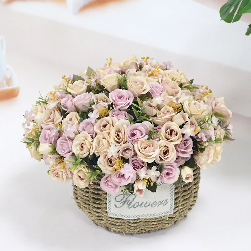 Flone Artificial European Silk Small Rose Fake Flowers Bouquet Wedding Flower Row DIY Accessories Material Home Party Decoration (2)