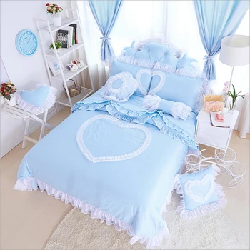 

100%Cotton Korean Princess Style Heart-Shaped Pattern Duvet Cover Bed Sheet Set Pink/Blue/Purple/ Lace Design Girl Bedding Set