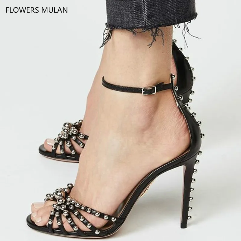 Soft Leather Strappy Stiletto Heels Studded Women Gladiator Sandals Open Toe Ankle Wrap High 