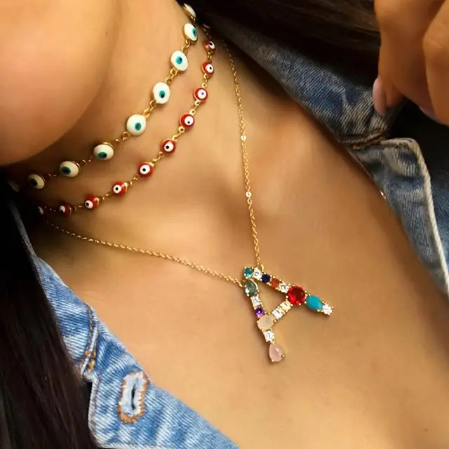 

2019 fashion 26 Initial customize letter personalized name charm jewelry women colorful cz paved letter Alphabet drop necklace