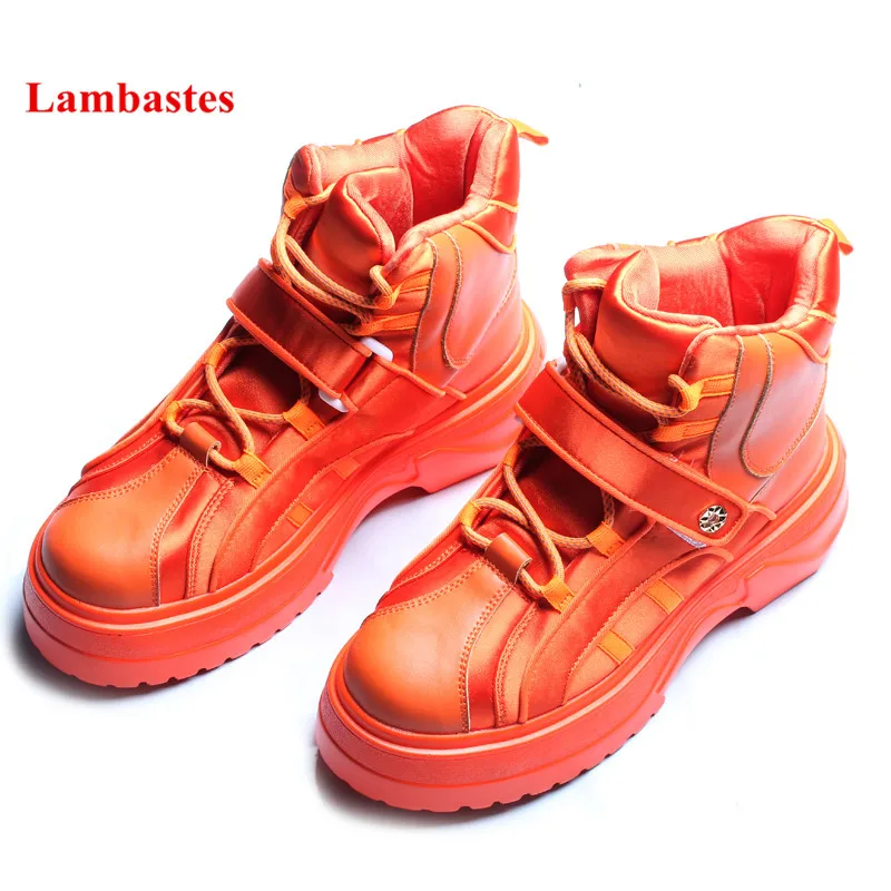

2018 Hot Orange Hook & Loop Leather Women Boots Ankle High Cross-tied Sports Style Botte Femme High Top Cake Bottom Shoes Mujer