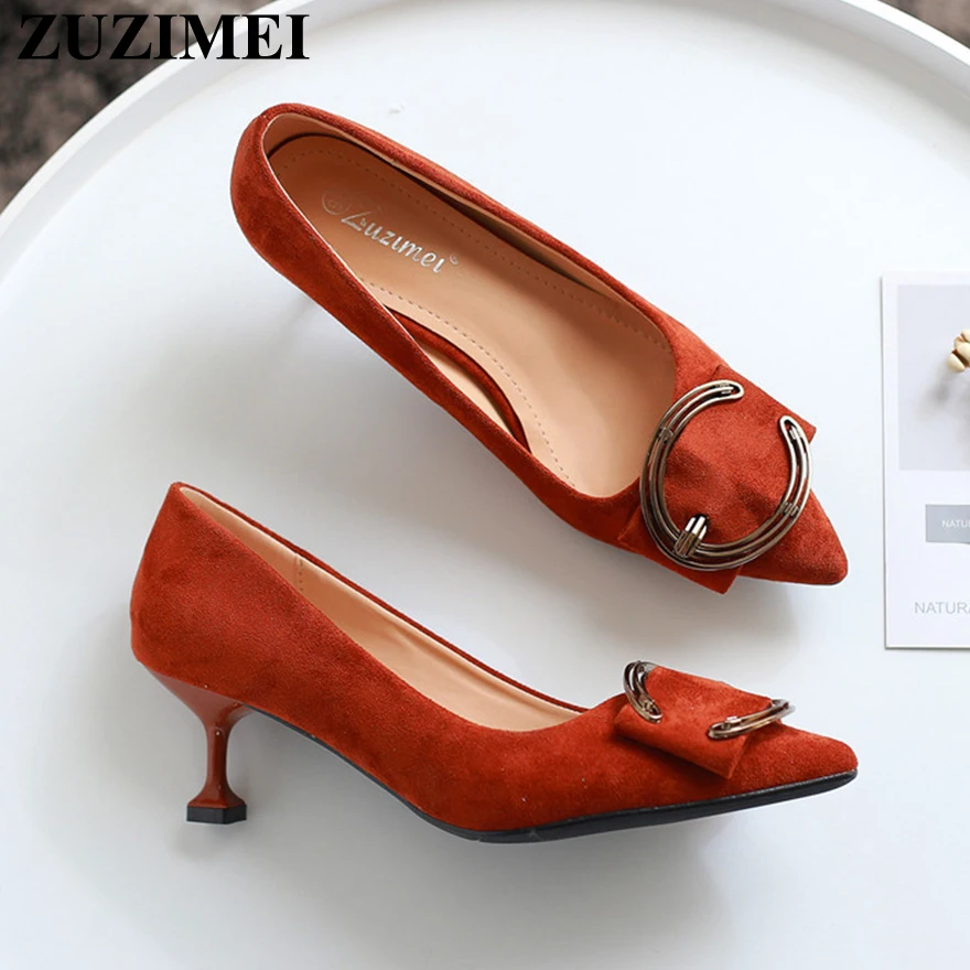 

Autumn Fashion Metal Belt Buckle Shallow Women Pumps Pointed Toe Concise Solid Flock OL Office Shoes Women's High Heels 6cm Shoe