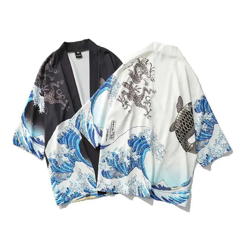 Традиционный японский стиль уличная винтажное мужское кимоно рубашка без воротника мужская летняя рубашка с принтом дракона офисная рубашка мужская XXL