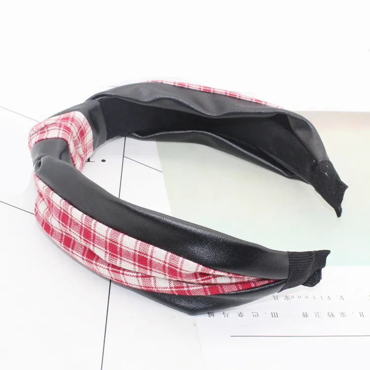 

Korean Leather Plaid Widening Knot Headband Fashion Leather Headband Japan and South Korea Temperament Bow Hair Accessories