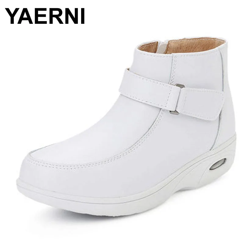 YAERNI Fashion Genuine Leather Women Boots Round Toe Fur Ankle Snow Boots Side Zipper White Warm Female Women Nurse Shoes