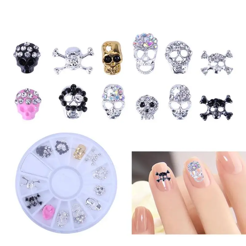 

12pcs DIY Skull Nail Art Decor Manicure Alloy Rhinestones For Nails Strass Halloween Skeleton Charms 3D Nail Art Decorations